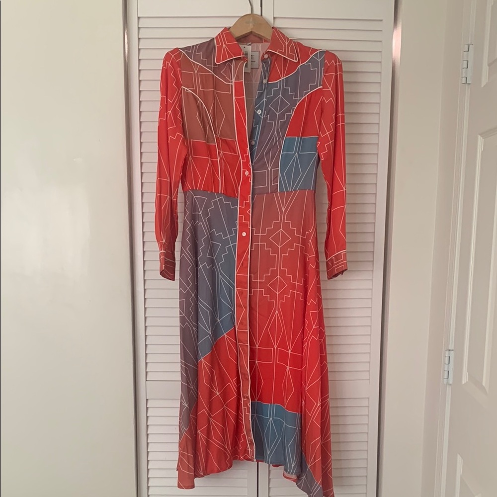 Asymmetrical Red and Blue Long Sleeve Dress with Notched Collar